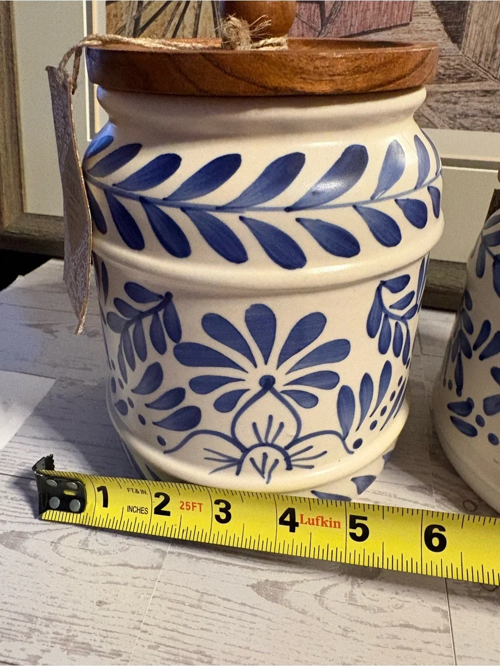 Blue Floral Ceramic Canister set with Wood Lid - White and Blue